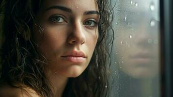 ung vuxen kvinna ser genom fönster regndroppe reflektera foto