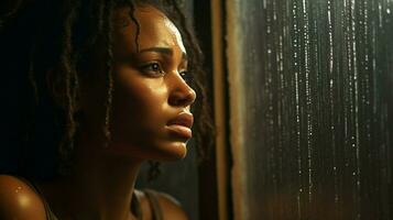 ung afrikansk kvinna ser ut av en regn uppblött fönster foto
