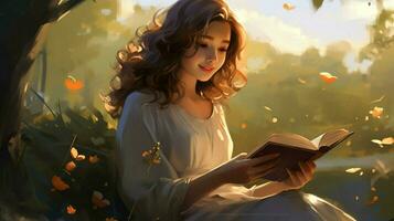 ung kvinna leende läsning bok i natur foto