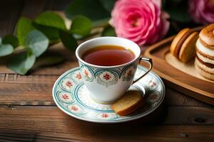 en kopp av te och småkakor på en trä- tabell. ai-genererad foto