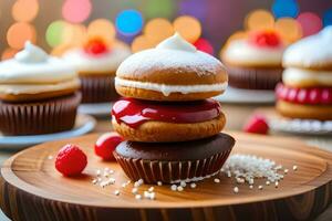en stack av muffins med glasyr och körsbär. ai-genererad foto