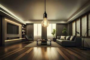 modern levande rum med trä- golv och en stor lampa. ai-genererad foto