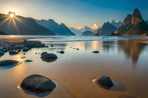 de Sol lyser över en strand med stenar och vatten. ai-genererad foto