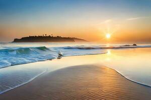 solnedgång på de strand med vågor och sand. ai-genererad foto