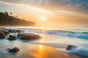 solnedgång på de strand med vågor och rocks. ai-genererad foto