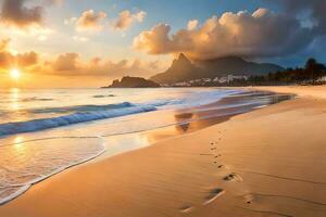 fotspår på de strand på solnedgång. ai-genererad foto