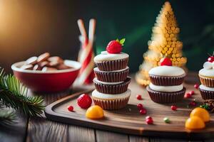 jul muffins på en trä- tabell med jul träd. ai-genererad foto