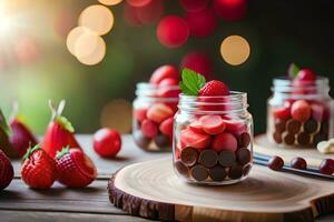 choklad och jordgubbar i burkar på en trä- tabell. ai-genererad foto