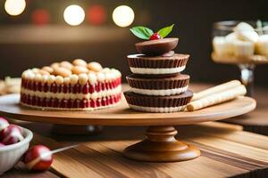 en trä- tabell med en kaka, muffins och Övrig desserter. ai-genererad foto