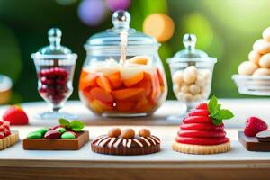 olika desserter på en tabell med frukt och Övrig desserter. ai-genererad foto