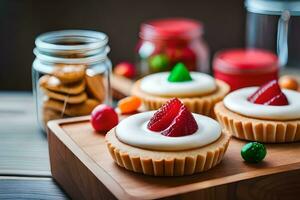 små muffins med grädde ost glasyr och jordgubbar. ai-genererad foto