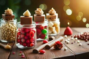 olika godis och sötsaker i glas burkar på en trä- tabell. ai-genererad foto