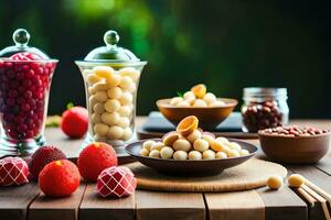 olika typer av sötsaker och frukt på en trä- tabell. ai-genererad foto