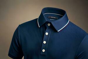 en stänga upp av en blå polo skjorta med en vit krage. ai-genererad foto
