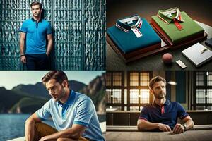 fyra annorlunda bilder av män bär polo skjortor. ai-genererad foto