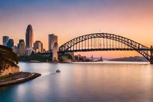 de sydney hamn bro och stad horisont på solnedgång. ai-genererad foto