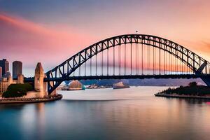 de sydney hamn bro på solnedgång. ai-genererad foto