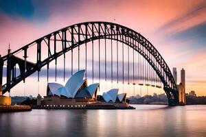 sydney opera hus och bro på solnedgång. ai-genererad foto