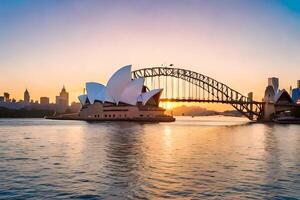 de sydney opera hus och bro på solnedgång. ai-genererad foto