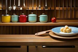 en kök med redskap och en skål av äpplen. ai-genererad foto