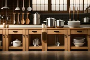 en kök med trä- skåp och kastruller och kokkärl. ai-genererad foto