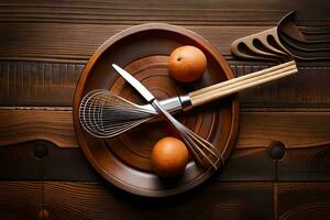 kök redskap på trä- tabell. ai-genererad foto
