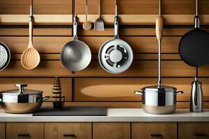 en kök med kastruller och kokkärl hängande på de vägg. ai-genererad foto