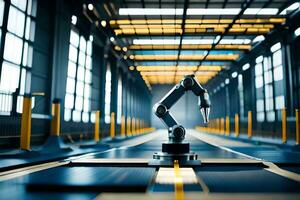 en robot är stående i främre av en fabrik. ai-genererad foto
