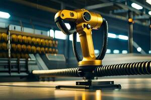 en robot är Sammanträde på en maskin i en fabrik. ai-genererad foto