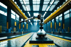 en robot är stående i främre av en maskin i en fabrik. ai-genererad foto