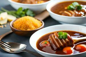 tre skålar av soppa med kött och grönsaker. ai-genererad foto