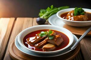 kinesisk fläsk och grönsaker soppa i vit skålar på trä- tabell. ai-genererad foto