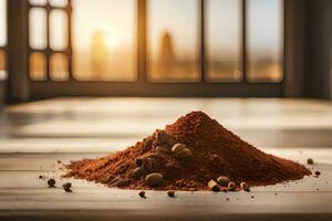 en lugg av kryddor på en trä- golv. ai-genererad foto