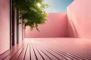 en rosa rum med trä- golv och en träd. ai-genererad foto