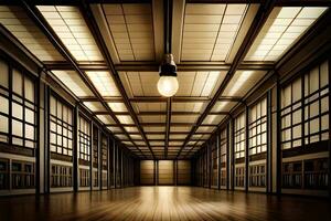 ett tömma rum med en ljus Glödlampa hängande från de tak. ai-genererad foto