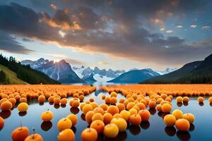 en sjö fylld med orange bollar i främre av berg. ai-genererad foto