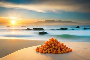 en lugg av apelsiner på de strand på solnedgång. ai-genererad foto