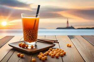 orange juice med bär på en trä- tabell. ai-genererad foto