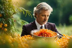 en man i en kostym och slips är innehav en skål av apelsiner. ai-genererad foto