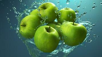 färsk grön äpplen falla in i de vatten med en stänk på blå bakgrund. generativ ai foto