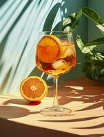 aperol spritz sommar dryck i glas med skuggor, tropisk bakgrund. generativ ai foto