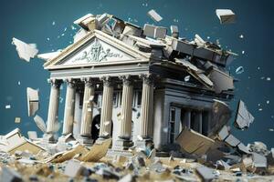 Bank kollaps. en Bank eller finansiell institution, gående ner brist eller kollapsar. generativ ai foto