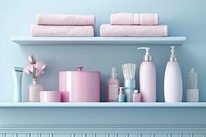 en pastell badrum hylla med rosa hudvård Produkter, kopia Plats, baner, rosa och pastell blå ljus palett, barbiecore. ai generativ foto