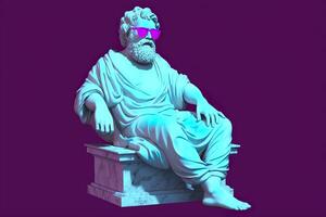 en vit staty av Plato i en Häftigt utgör, bär magenta och cyan 3d glasögon, redo till fest. ai generativ foto