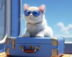 söt katt på blå resväska med solglasögon. ai generativ foto