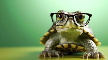 en söt liten grön sköldpadda med glasögon, generera ai foto
