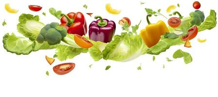 faller grönsaker, sallad av klocka peppar, tomat, och sallad löv. generativ ai foto