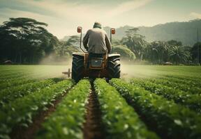 jordbruks traktor med bilagor enheter genom bruka fält och jordbruks bakgrund. generativ ai foto