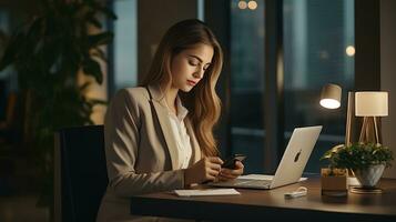 en kvinna i en företag kostym Sammanträde på en skrivbord med henne bärbar dator och telefon. ai generativ foto