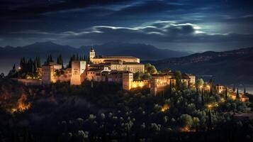 natt se av alhambra. generativ ai foto